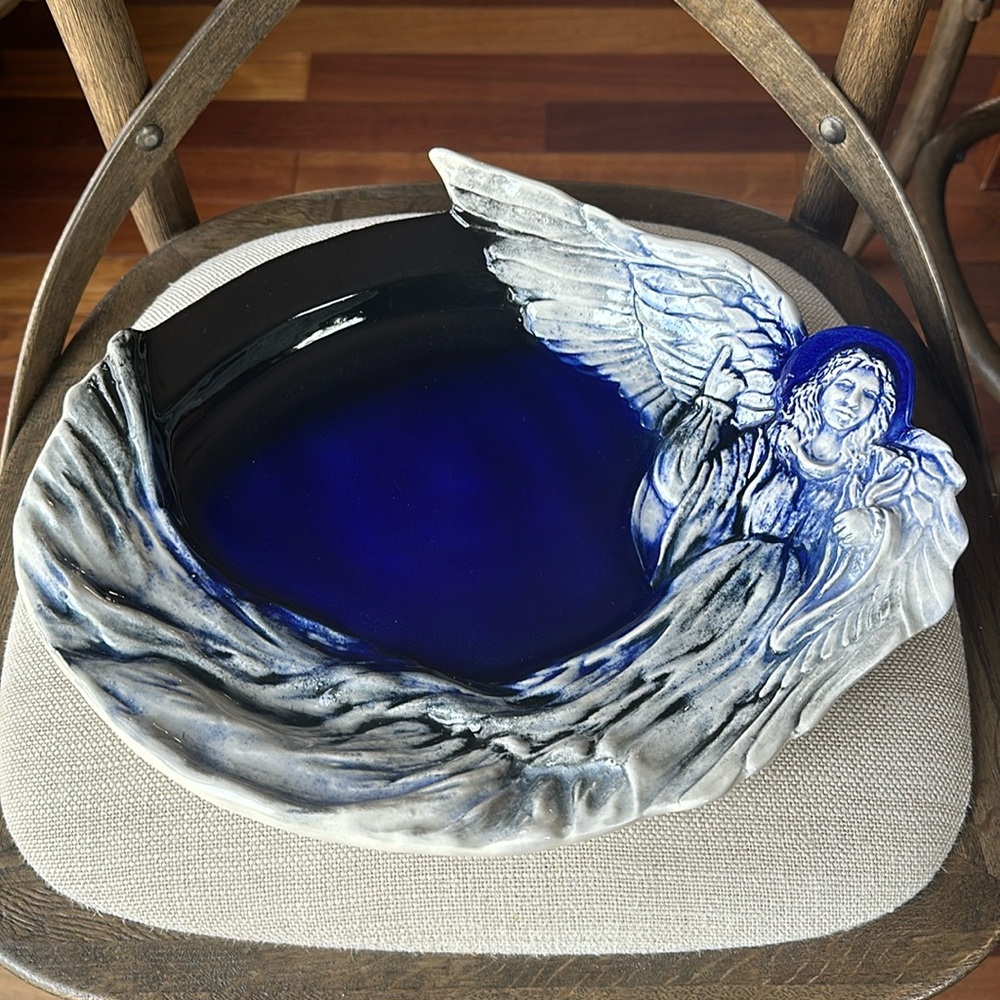 Cobalt Blue Glazed Pottery Platter w Angel